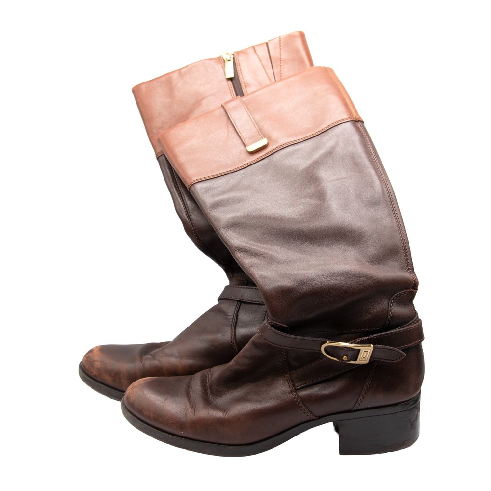 Bandolino Leather Knee High Riding Boots Brown‎ Buckle Zip Women's Size - Picture 2 of 11